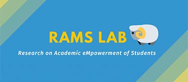 Logo for the RAMS Lab, a computer image of a lamb with the words RAMS LAB: Research on Academic eMpowerment of Students.