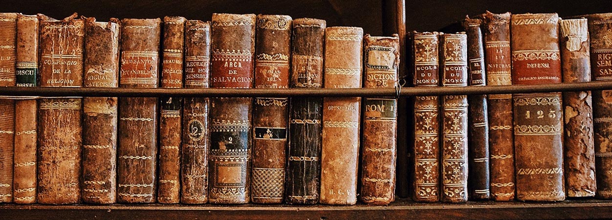 A row of old books on a bookshelf.