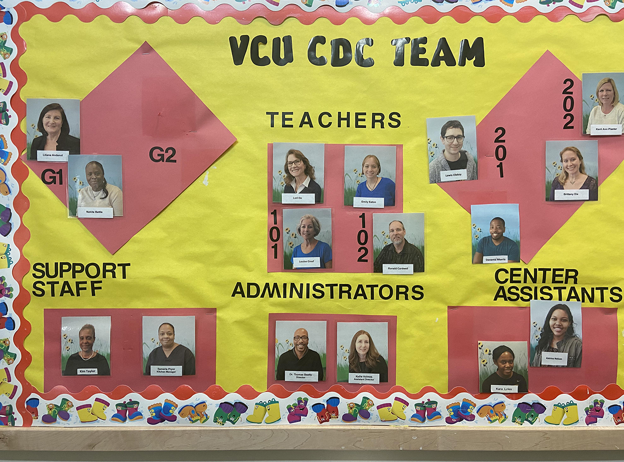 A CDC bulletin board of staff members at the VCU Child Development Center.