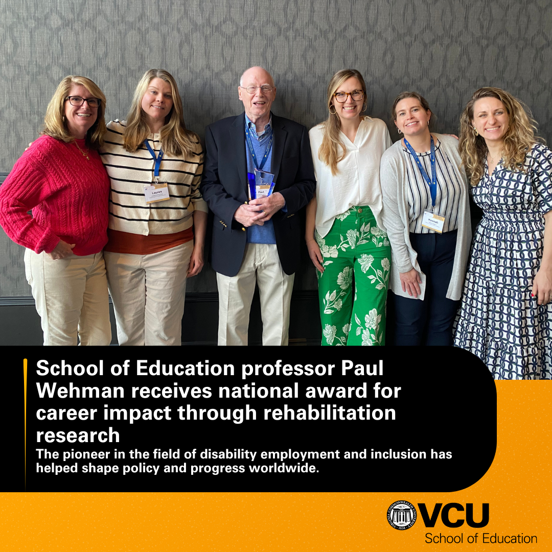 The pioneer in the field of disability employment and inclusion has helped shape policy and progress worldwide. Photo of RRTC staff and Dr. Wehman with his award in a group photo.